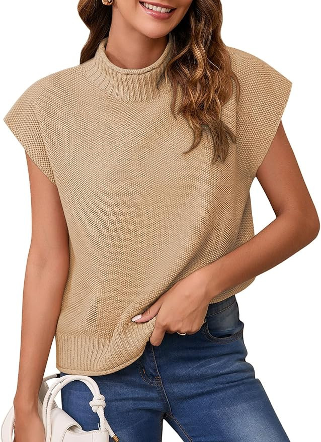 Pink Queen Women's 2024 Fall Mock Neck Sweater Vest Cap Sleeve Pullover Knit Tops | Amazon (US)