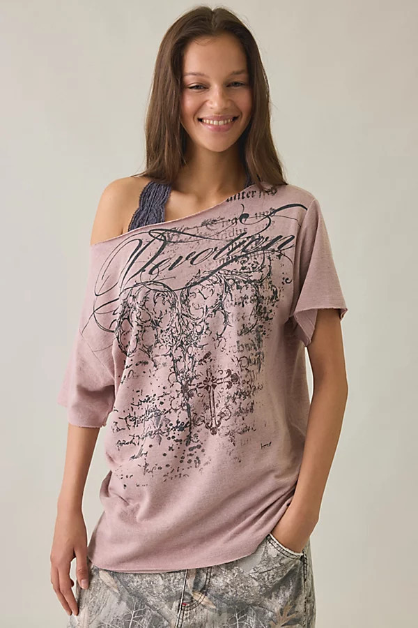 Urban Outfitters Devotion Graphic Oversized Off-The-Shoulder Tee in Mauve Grey, Women's at Urban Outfitters | Urban Outfitters (US and RoW)
