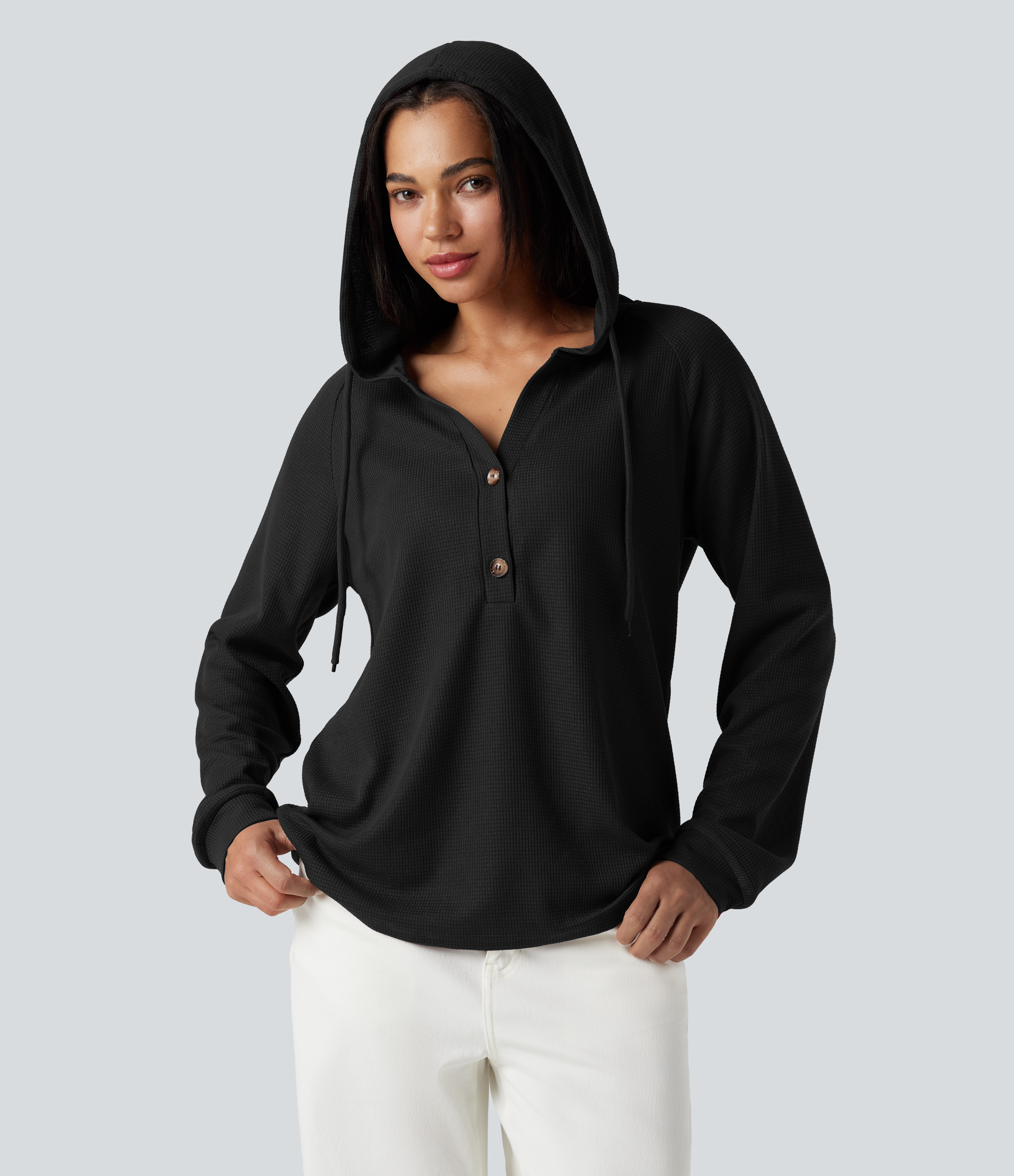 Halara Hooded Henley Long Sleeve Waffle Casual Top Tank Top - Fired Brick - S golf tops halter top tunic tops sleeveless tops backless top | HALARA