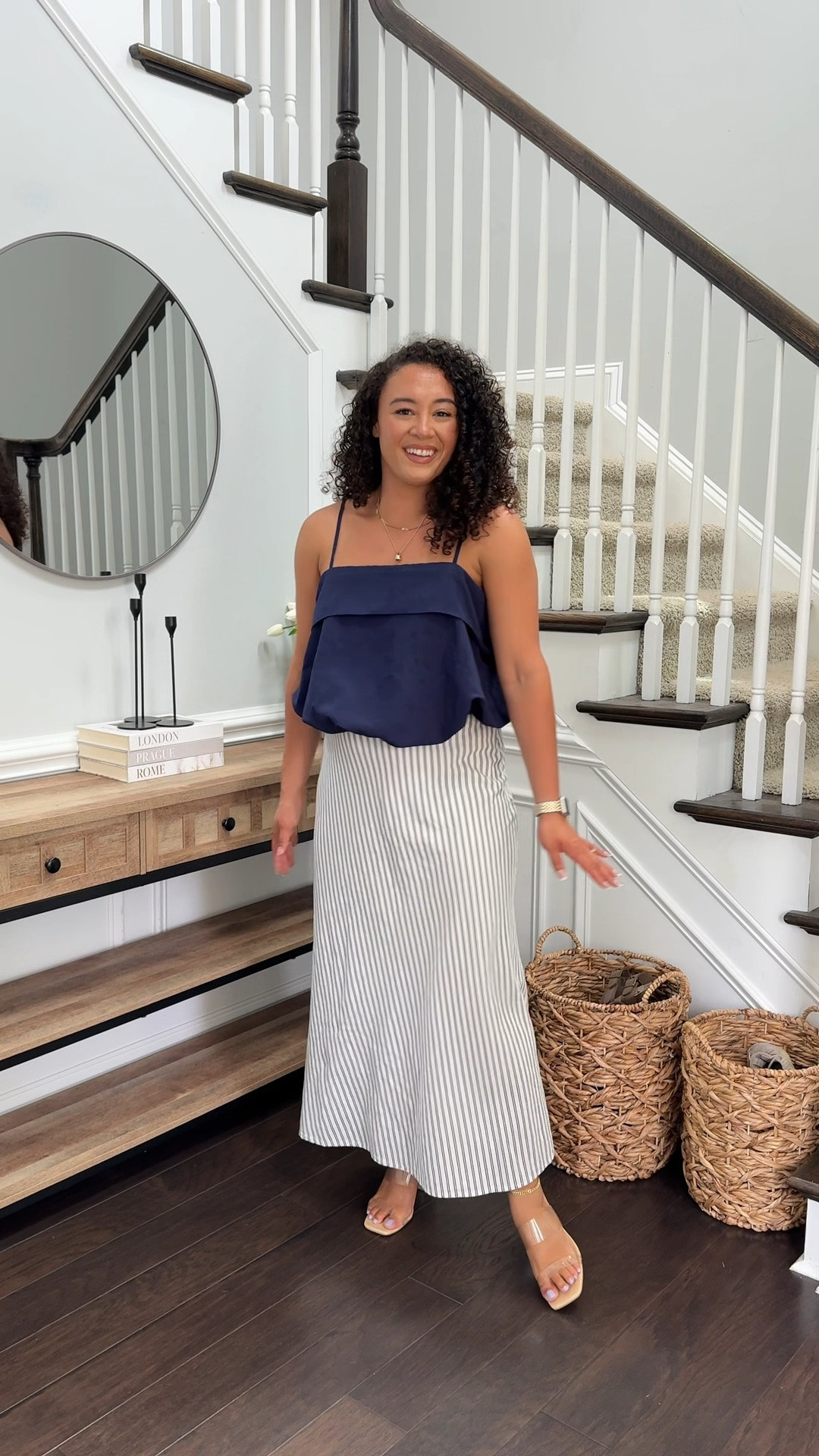 Target linen skirt and top! Wearing a medium in both! I am 5”4 around 166lb for sizing reference  