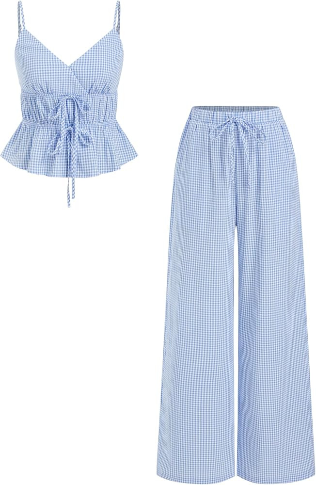 CIDER Two Piece Sets for Women Spaghetti Strap V Neck Peplum Top Wide Leg Pants Y2K Gingham Matching Outfits | Amazon (US)