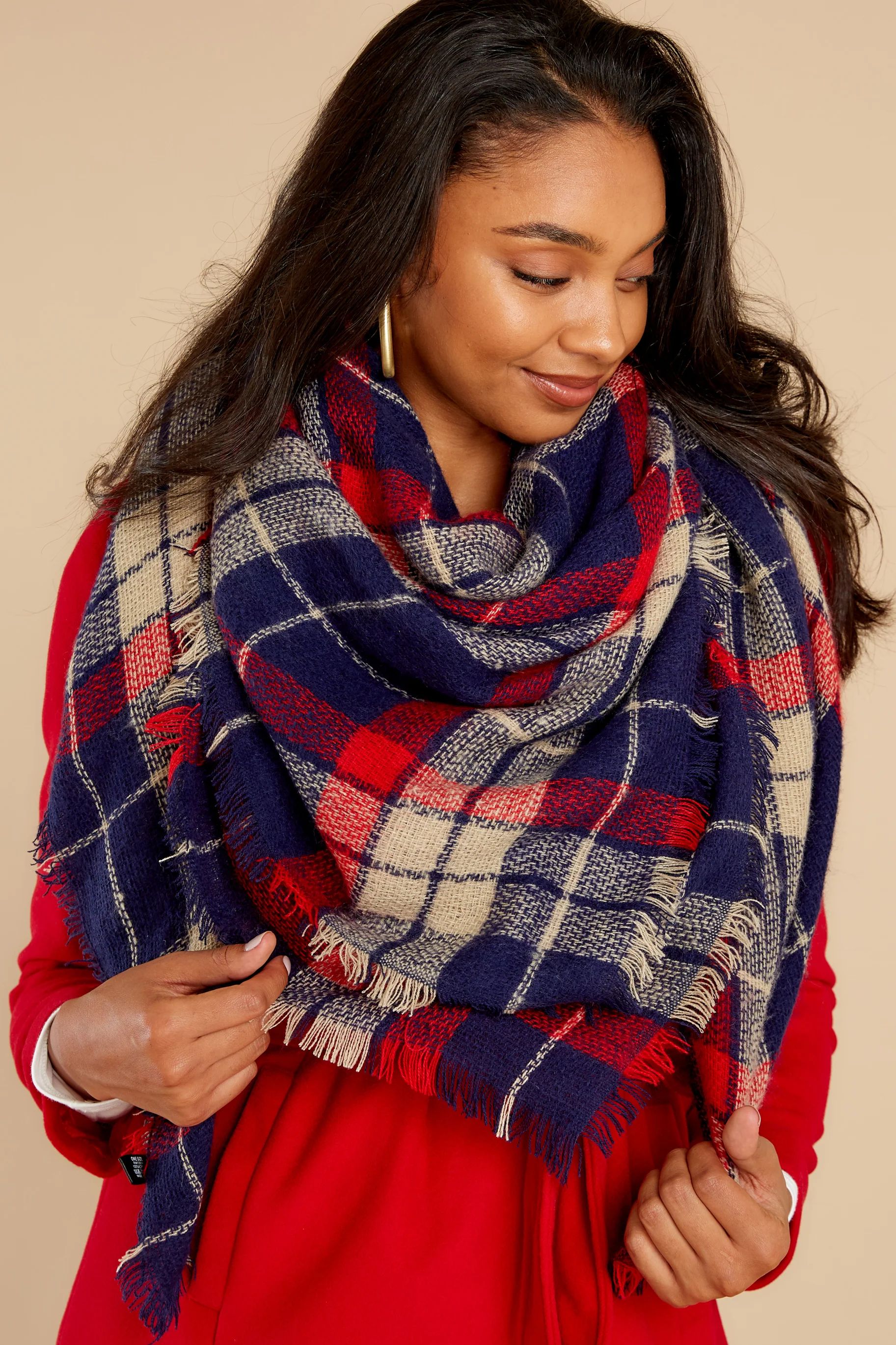 Chilled For The Day Navy And Red Plaid Scarf Blue | Red Dress 