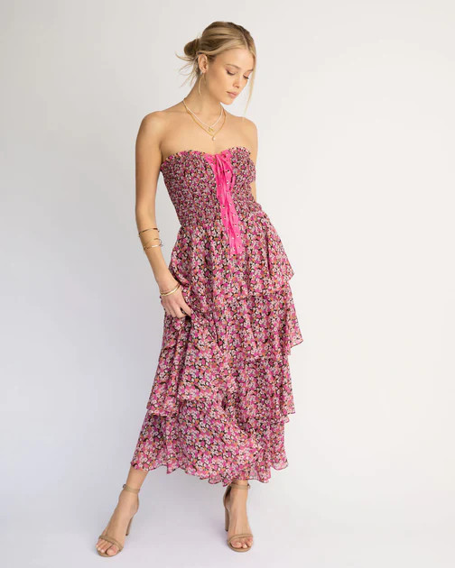 La Vida Strapless Corset Floral Tiered Midi Dress | VICI