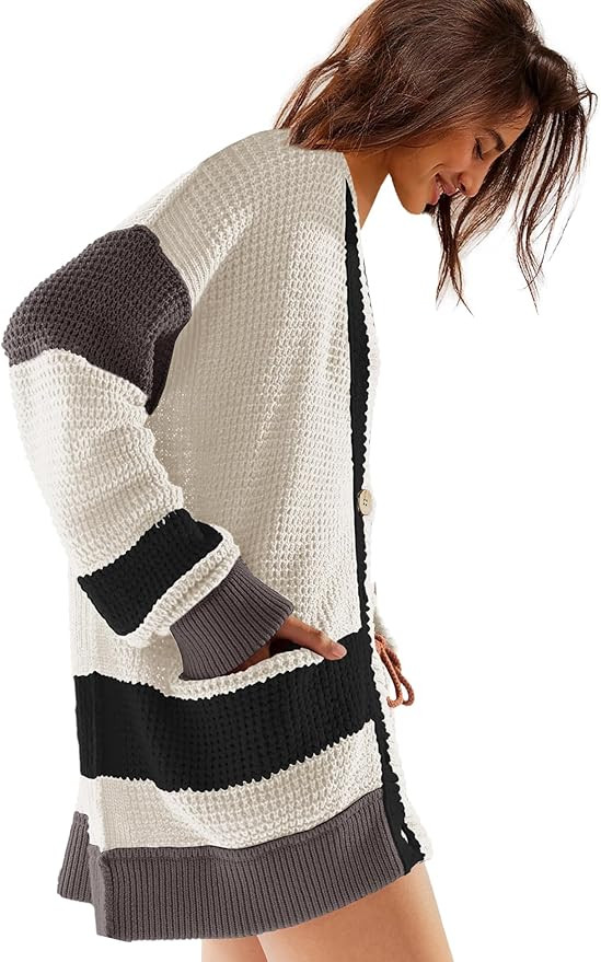 Panadila Womens Oversized Color Block Cardigan Sweaters Knit Long Sleeve V Neck Button Down Cardi... | Amazon (US)