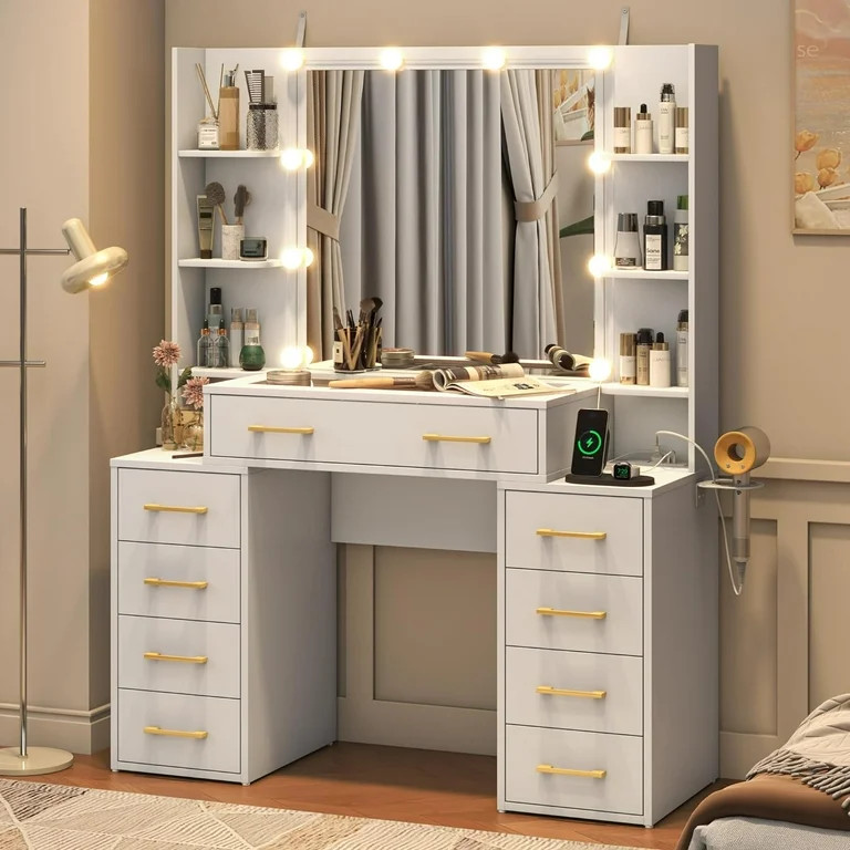 White Vanity Desk with Mirror & LED Lights, Glass Top Vanity Desk with Charging Station & Compart... | Walmart (US)