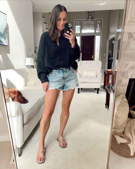 LTK spring sale! The best aerie jean shorts - have elastic in the back and run true to size.  I’m wearing the small. Black button down gauze top can be worn as a coverup or with the matching shorts - here is paired it with the jean shorts for a cute, casual spring outfit! Top runs big, size down! I’m in the xs.



#LTKSale #LTKSeasonal #LTKstyletip