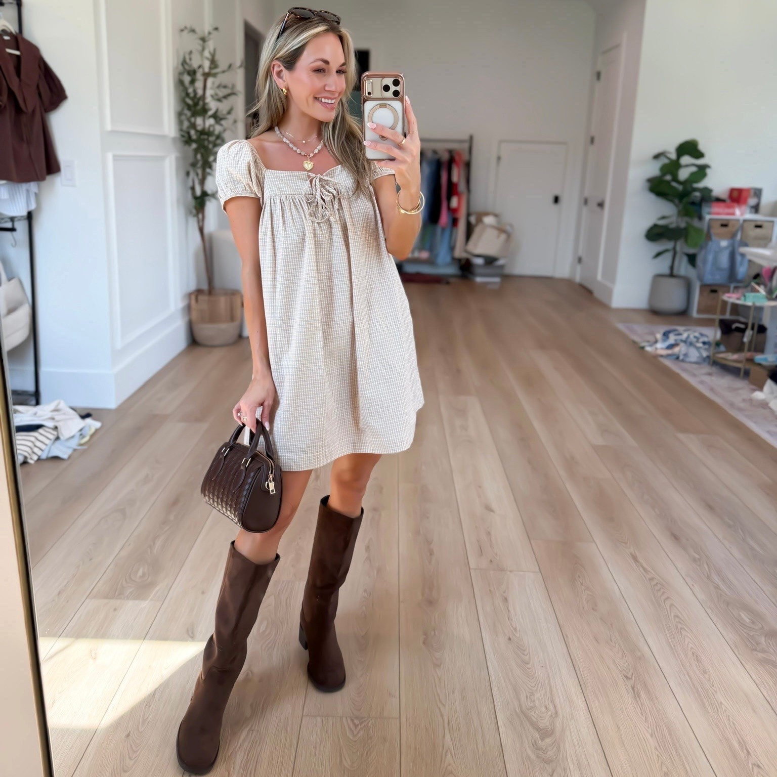 Scroll to Shop! Loving this gingham mini dress! I am 5’2” and wearing my true size xsmall.

#LTKootd #LTKPetite