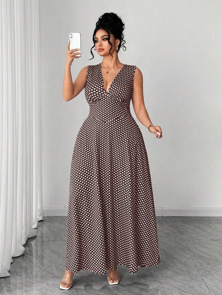 Elenzga Plus Size Women's Simple Fashionable Knit Camisole, Brown Base With White Polka Dot Digital Print Long Dress Polka Dot Dress Women Plus Long Dress Curve Elegant Dress Elegant Dress Polkadot Dress Womenes Maxi Dress Women Maxi Dresses | SHEIN