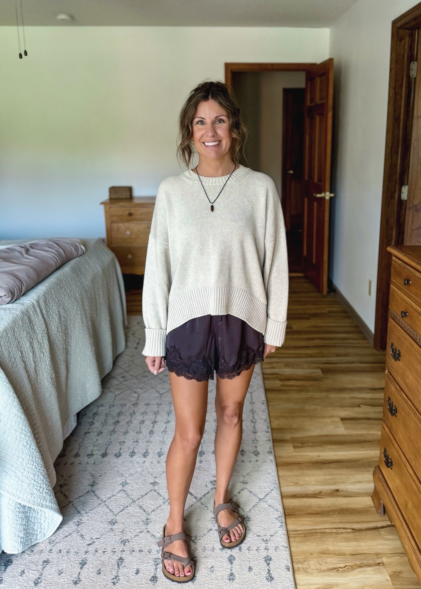 Satin and lace shorts Fall outfit 3🤎

 Small in my sweater (100% cotton!) and xs in the lace trim satin shorts (selling out—also linked similar). My Birkenstock sandals are size 36. My necklace is older so I linked similar ones!