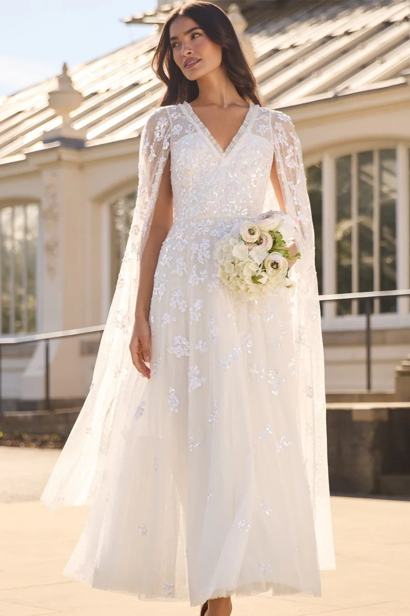 Freesia Shimmer Cape Sleeve Ankle Gown | Needle & Thread US