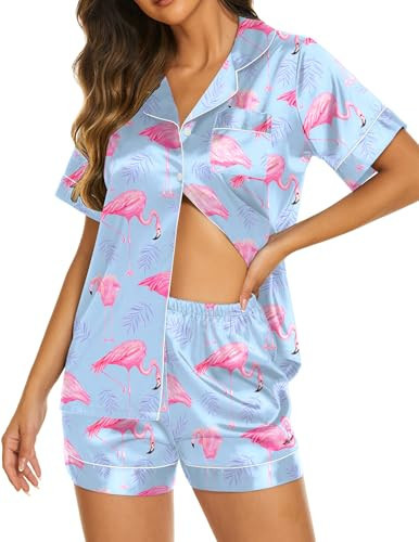 Ekouaer Satin Pjs for Women Silky Soft Sleepwear Summer Short Pjs Button Up Notch Collar Loungewear 2 Piece Set,Flamingo Blue,M | Amazon (US)
