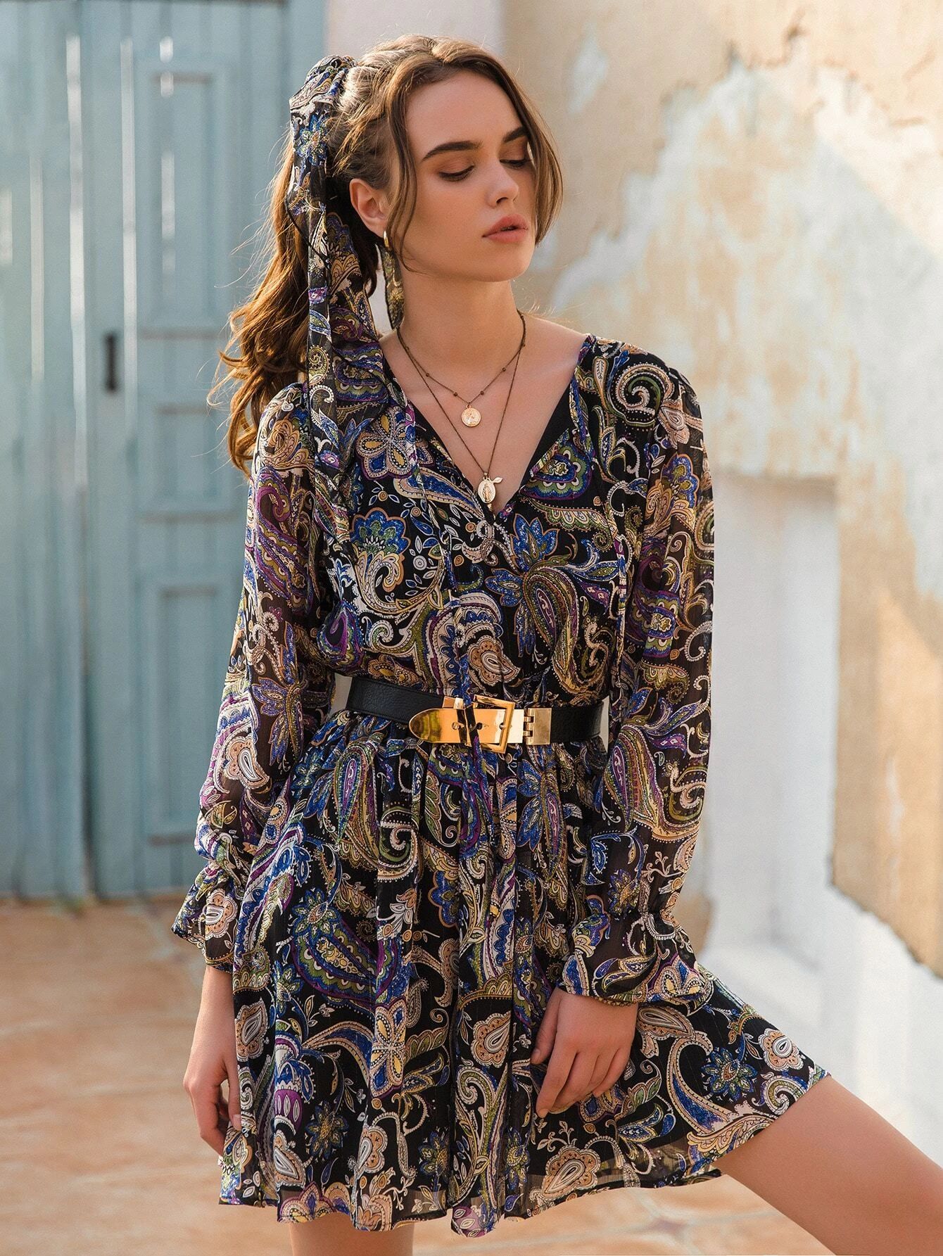 Rusttydustty Flounce Sleeve Paisley Print Dress Without Belt | SHEIN