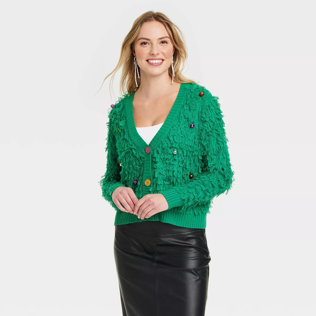 Women's Loop Festive Graphic Cardigan - Green | Target