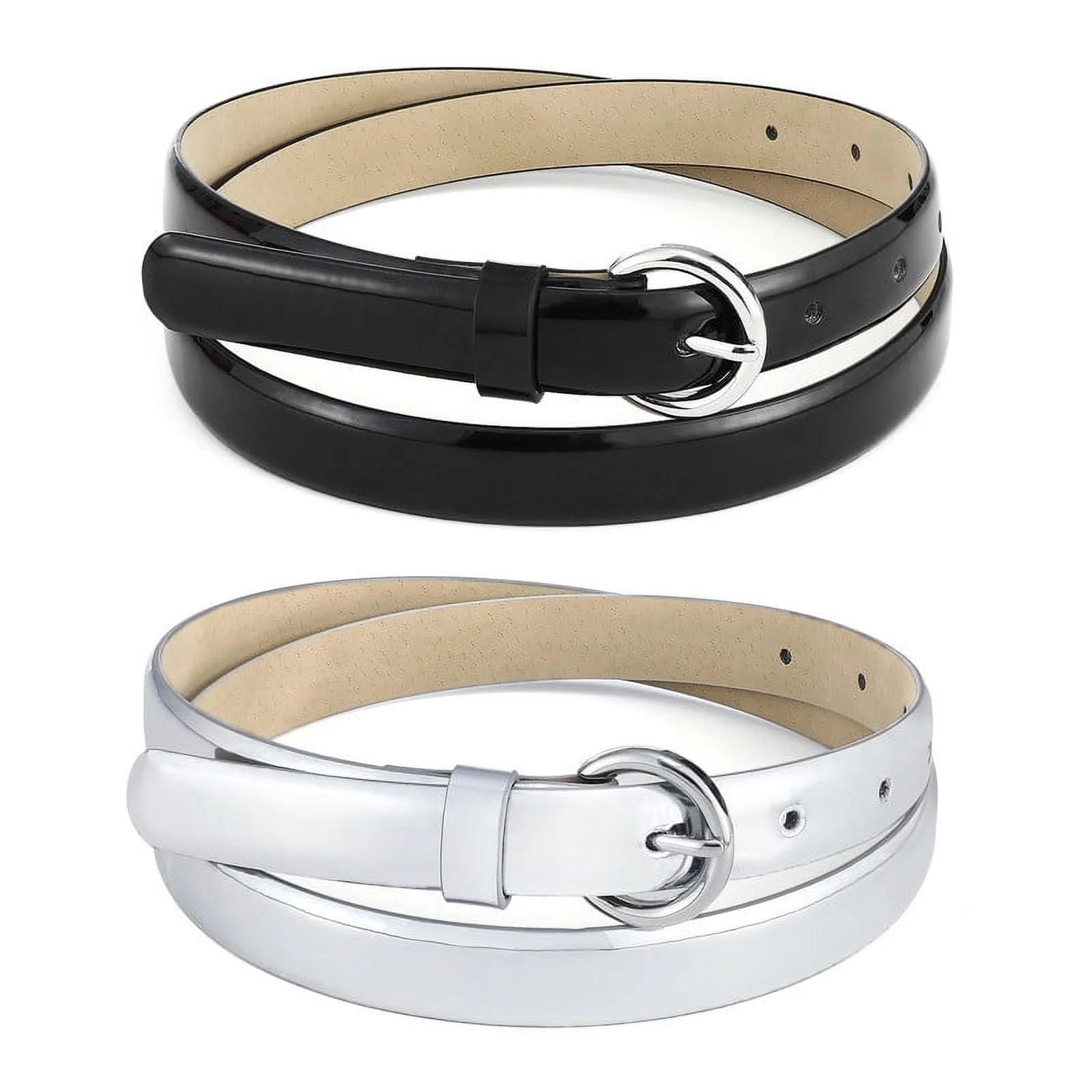 RISANTRY Women's black and silver Patent Leather Thin Belts, Skinny Belt for Jeans, 2-Pack | Walmart (US)