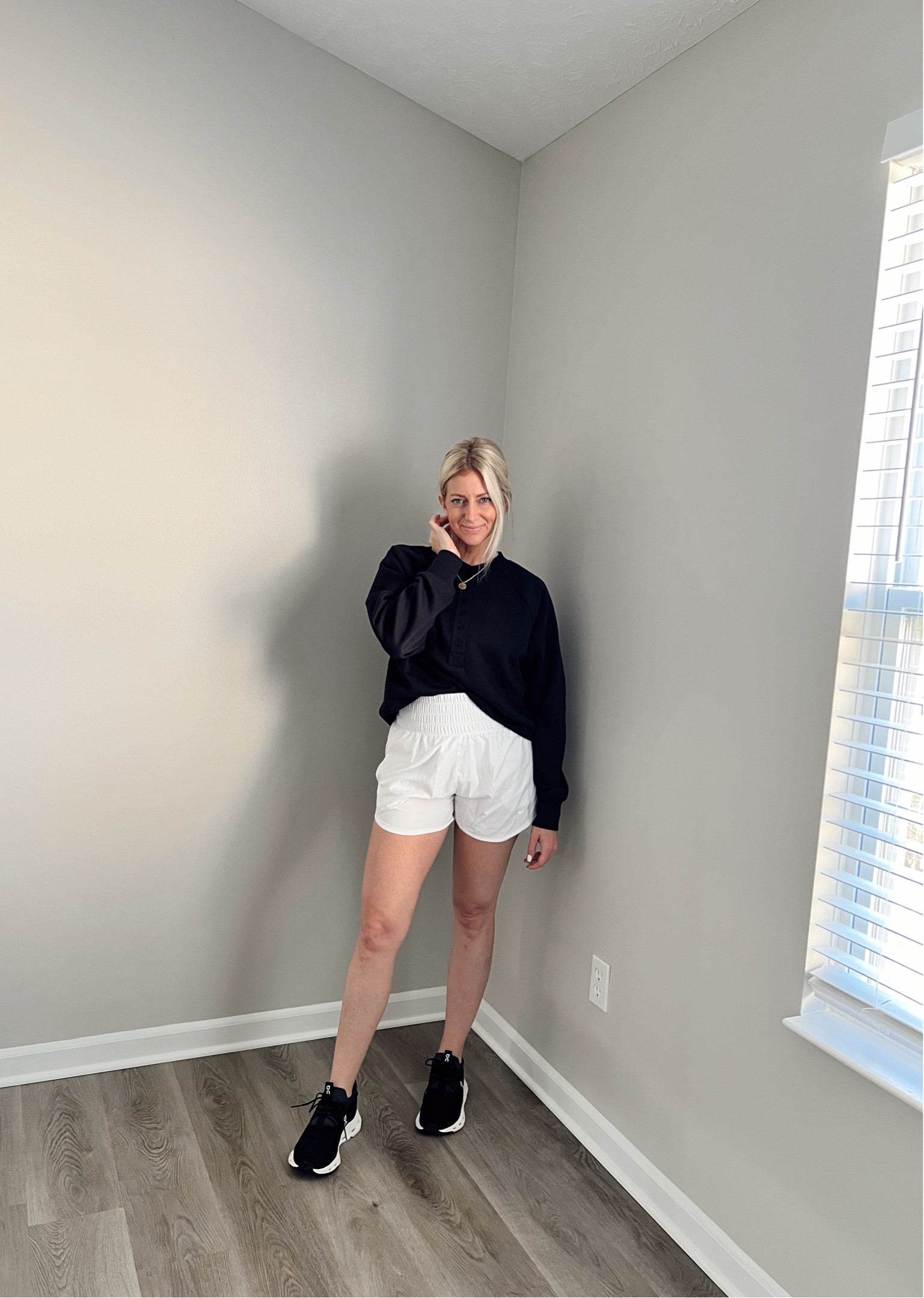 🖤🤍 hard to see but the long sleeve shirt has buttons halfway down the front which add cute detail. It’s an oversized loose fit but the perfect fit and length, so cozy! It’s a fleece material so it’s super soft but not too heavy. Shorts are like the free people, but a Nike version . Love the high waist. They’re in sale right now too!

Running shorts
Fall outfit
Workout look
On Cloudnova sneakers 
Electric picks 
Gold necklace
Bombas 

#LTKfitness #LTKstyletip #LTKsalealert