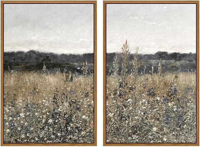 InSimSea Retro Landscape Framed Wall Art 16"X 24" Set of 2, Vast Meadow Full of Flowers Wall Pain... | Amazon (US)