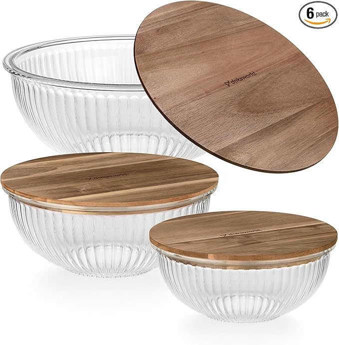 Set of 3 Stackable Space-Saving Nesting Glass Salad Bowls with Acacia Lids for Foodprep, Storage,... | Amazon (US)