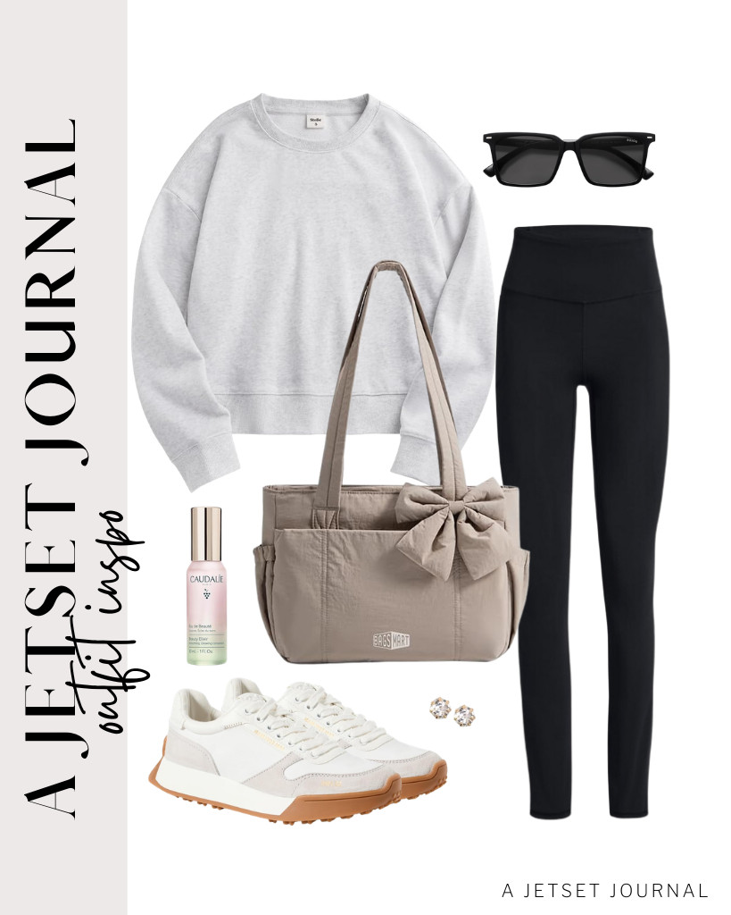 For a light gray Stelle sweatshirt and black leggings combination, you can use this BAGSMART crush bow tote bag and these Sam Edelman Layla sneakers. These SOJOS polarized sunnies are perfect for this look, too. 

 #LTKSeasonal #LTKSaleAlert #LTKTravel