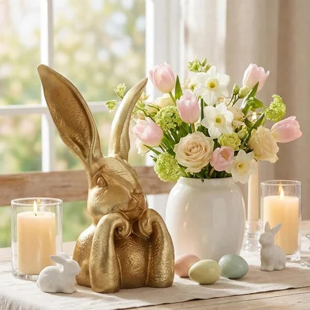 Fung-hwang Gold Easter Bunny Decor - 13.6" Modern Resin Rabbit Statue for Spring Home Decor, Elegant Easter Bunny Figurines for Table Centerpiece & Mantel, Large Rabbit Figurine for Living Room | Walmart (US)