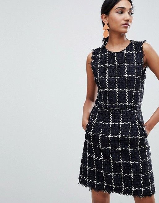 Warehouse shift dress with raw edge in black tweed | ASOS US