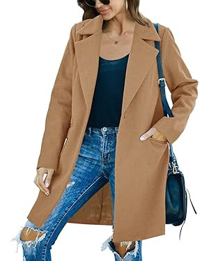 Fazortev Womens Casual Long Sleeve Wool Blend Pea Coat Lapel Notched Collar Warm Midi Jacket Over... | Amazon (US)