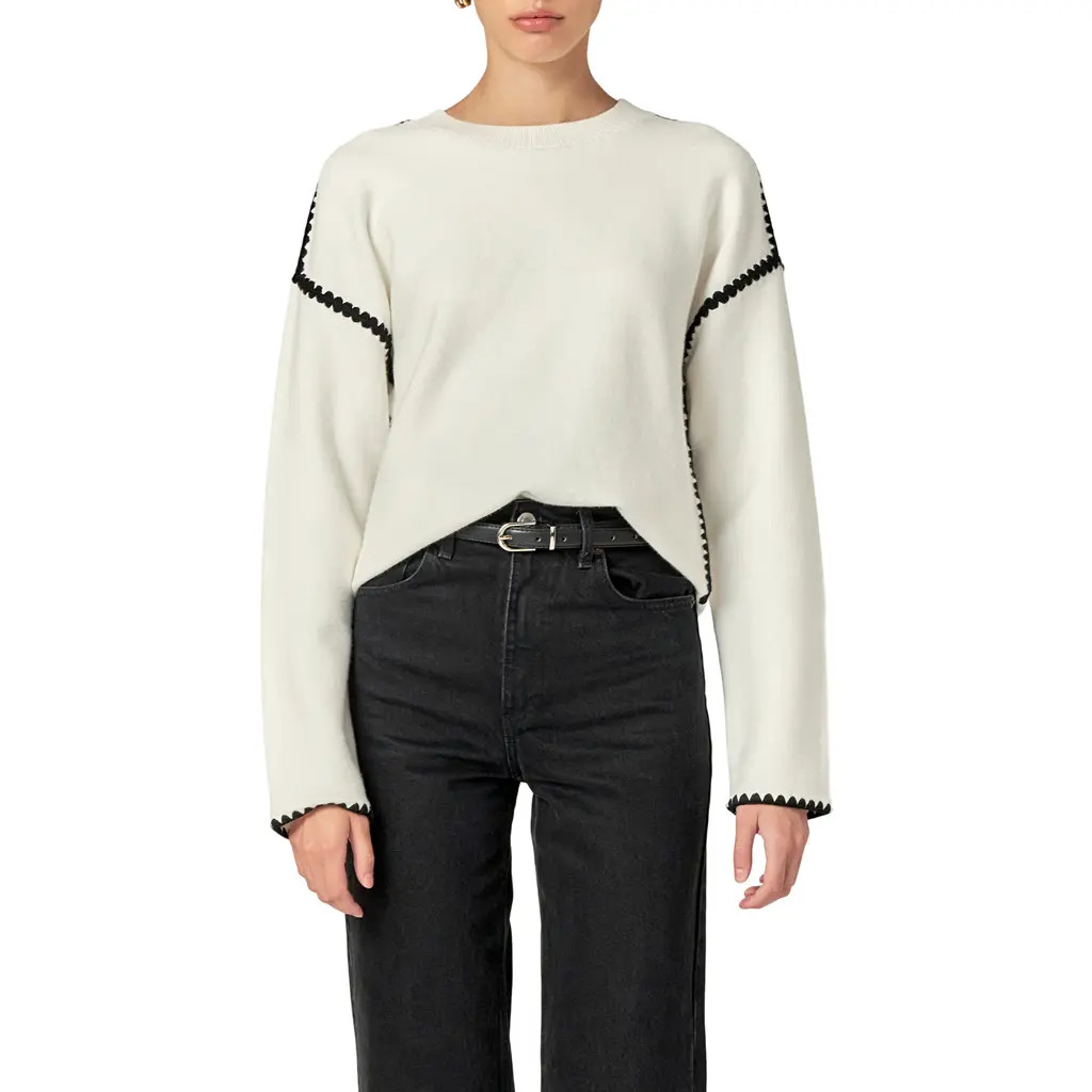 English Factory Embroidered Crewneck Sweater in White/black at Nordstrom, Size Small | Nordstrom