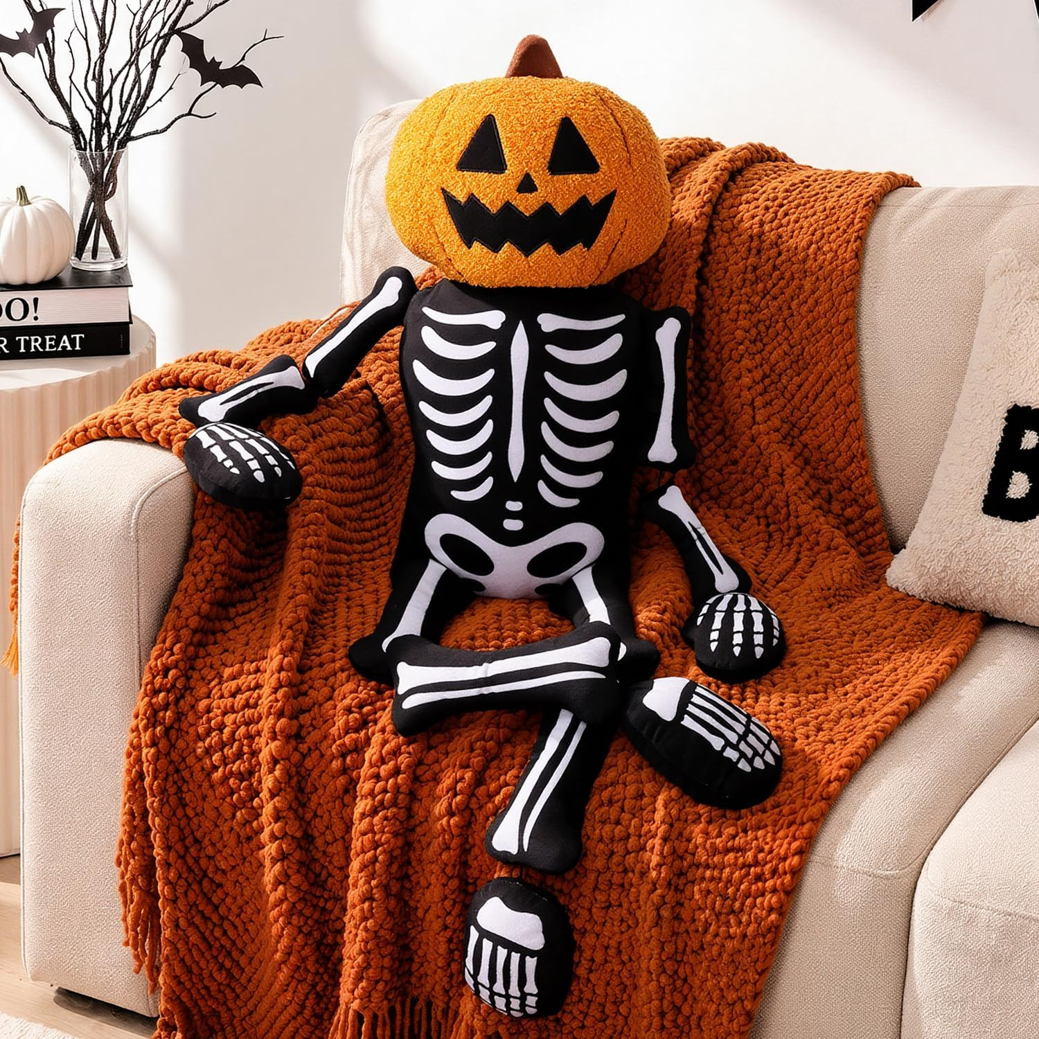 Bunny Chorus Halloween Pumpkin Skeleton Throw Pillow, Pumpkin Head Skeleton Stuffed Decorative Pillow for Couch Sofa Bed, Cute Spooky Halloween Plush Pillow Home Decor Party Decorations, 39" x 19" | Amazon (US)