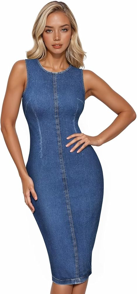 Hybrid & Company Womens Super Stretch Slim Fit Crew Neck Sleeveless Denim Dress | Amazon (US)