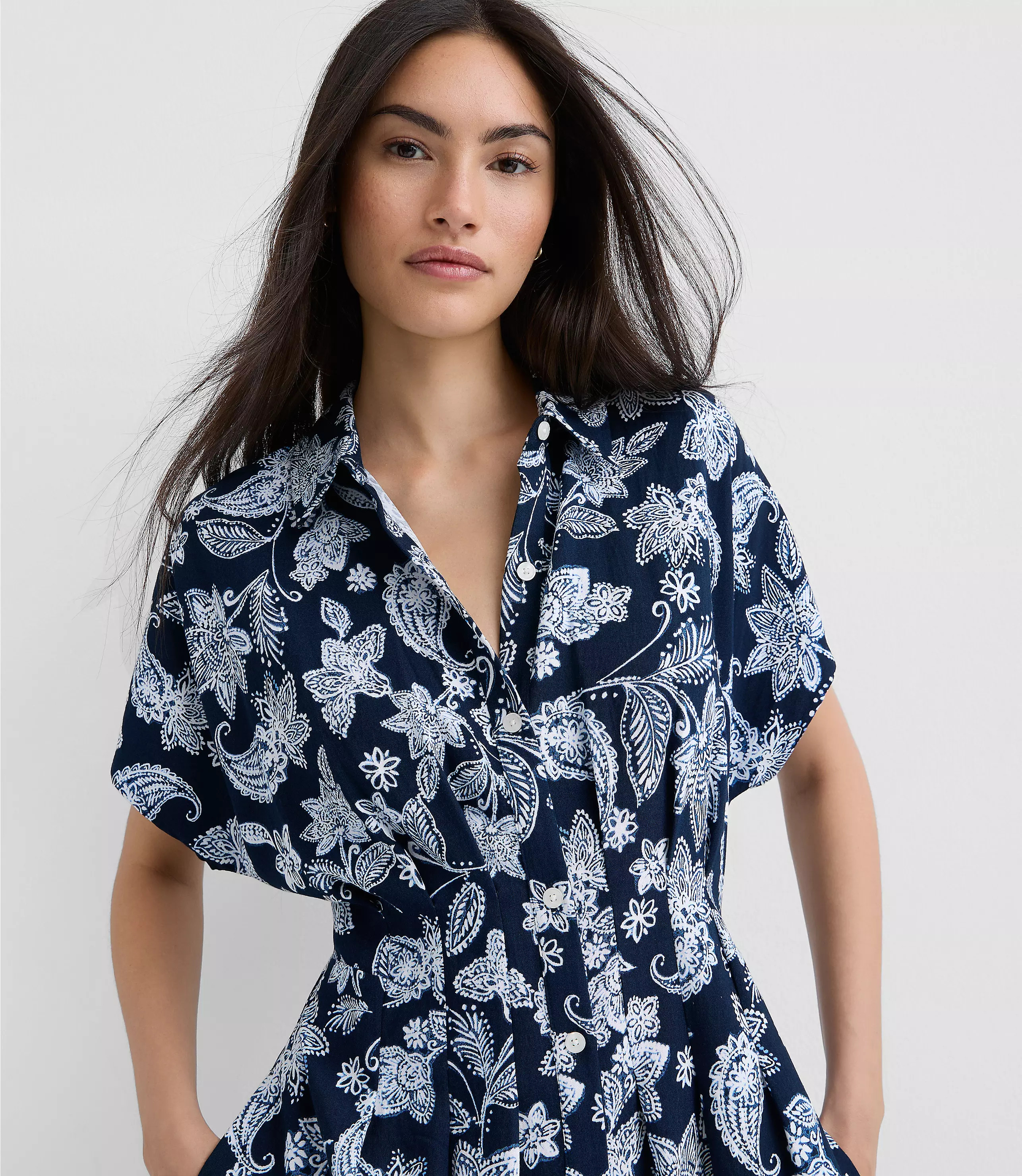 Paisley Pleated Midi Pocket Shirtdress | LOFT