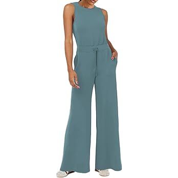 Air Essentials Jumpsuits for Women Casual Loose Sleeveless Belted Wide Leg Pant Romper with Pocke... | Amazon (US)