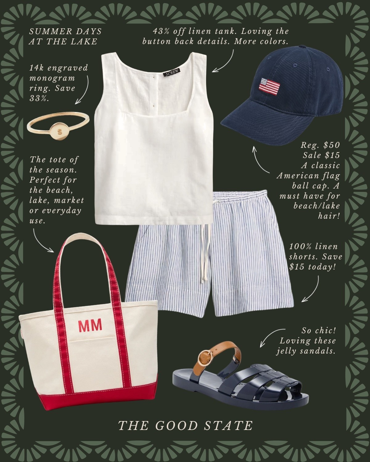 This is for the Nancy Meyers-loving girlies living their best life as they sip on a cup of freshly brewed coffee and watch the sunrise over the lake. For the ones breathing in slow mornings and fresh air. This is for the ladies 
spending all day out on the boat and the evening on the dock with a glass of wine and good company. For the girlies who still flip on The Parent Trap and eat Oreos dipped in peanut butter. This is for the ladies who love all things gingham, their trusty ball cap and the ease of a Summertime dress. For those thriving in this Americana Summer. This is for you🫶🏼

Ootd, outfit idea, style tip, classic style, timeless style striped sweater, quince, J.Crew, J.Crew, factory, target, target fashion, target style, Walmart, Anthropologie, Anthro, Madewell, white dress, spring dress, summer dress, spring fashion, summer fashion, vacation, outfit, Fourth of July, outfit, red, white, and blue outfit, gingham dress, quilt dress, organic skincare, pearl, jewelry, Abercrombie, and Fitch, Tuckernuck, Madewell, H&M, Amazon, Amazon style, farmers market outfit, sissy light hat, dolce vita, women’s shoes, raffia bags, wedding guest dress, dress, wedding guest, Lauren England, the good state, lake, lake outfit, lake house, summer sweater, American flag sweater

#LTKStyleTip #LTKSaleAlert #LTKSummerEdit