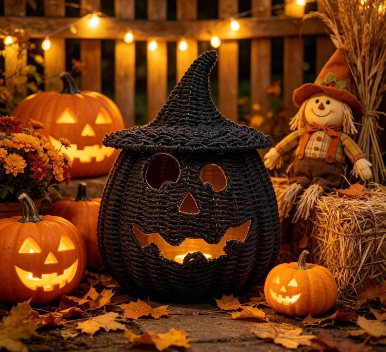 THOPBPRK 2026 New Black Woven Pumpkin Basket with Witch Hat Cover Lid, Halloween Jack-O-Lantern W... | Walmart (US)