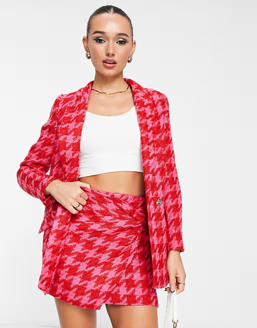 River Island houndstooth boucle blazer in bright pink - part of a set | ASOS (Global)