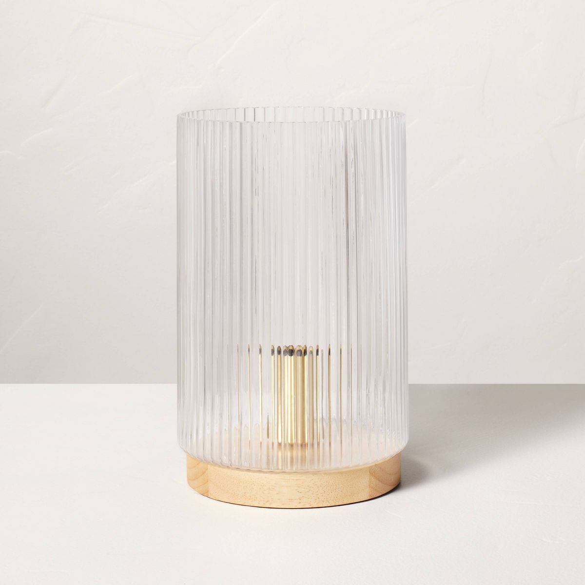 Ribbed Glass Cylindrical Accent Lamp with Wood Base Clear/Tan (Includes LED Light Bulb) - Hearth ... | Target