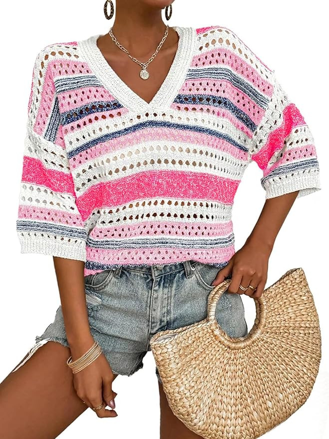 Saodimallsu Womens Short Sleeve Sweaters V Neck Crochet Knit Striped Hollow Out Tops Beach Cruise... | Amazon (US)