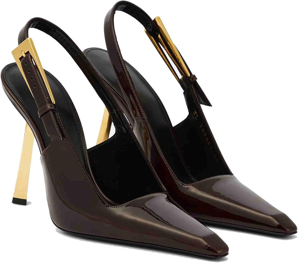 THESHY Women's Slingback Stiletto High Heels Square Toe Metal Buckle Pumps Backless Patent Leathe... | Amazon (US)