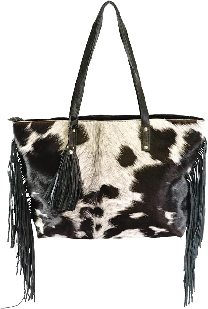 Bonanza leathers women's cowhide leather large shoulder tote bag with fringes and zipper closure ... | Amazon (US)