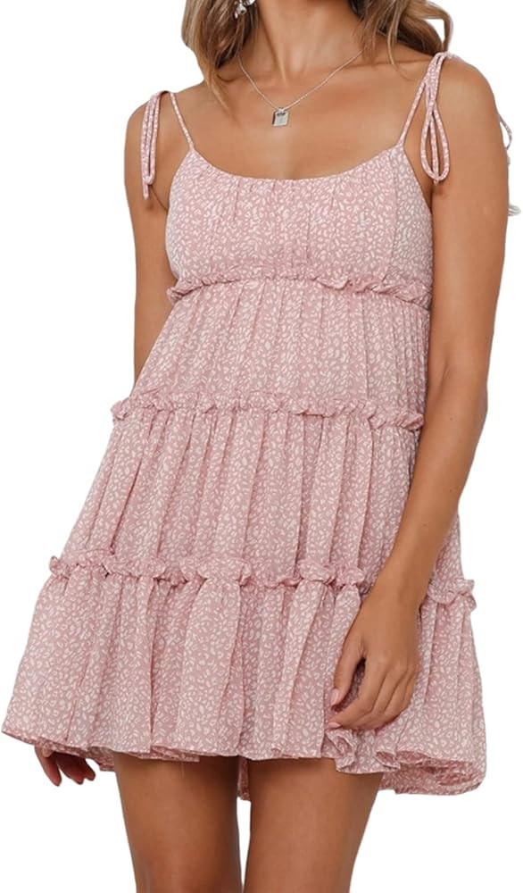 Mansy Womens 2024 Summer Floral Mini Dress Boho Flowy Skater Dresses Short Sleeveless Ruffle Spag... | Amazon (US)