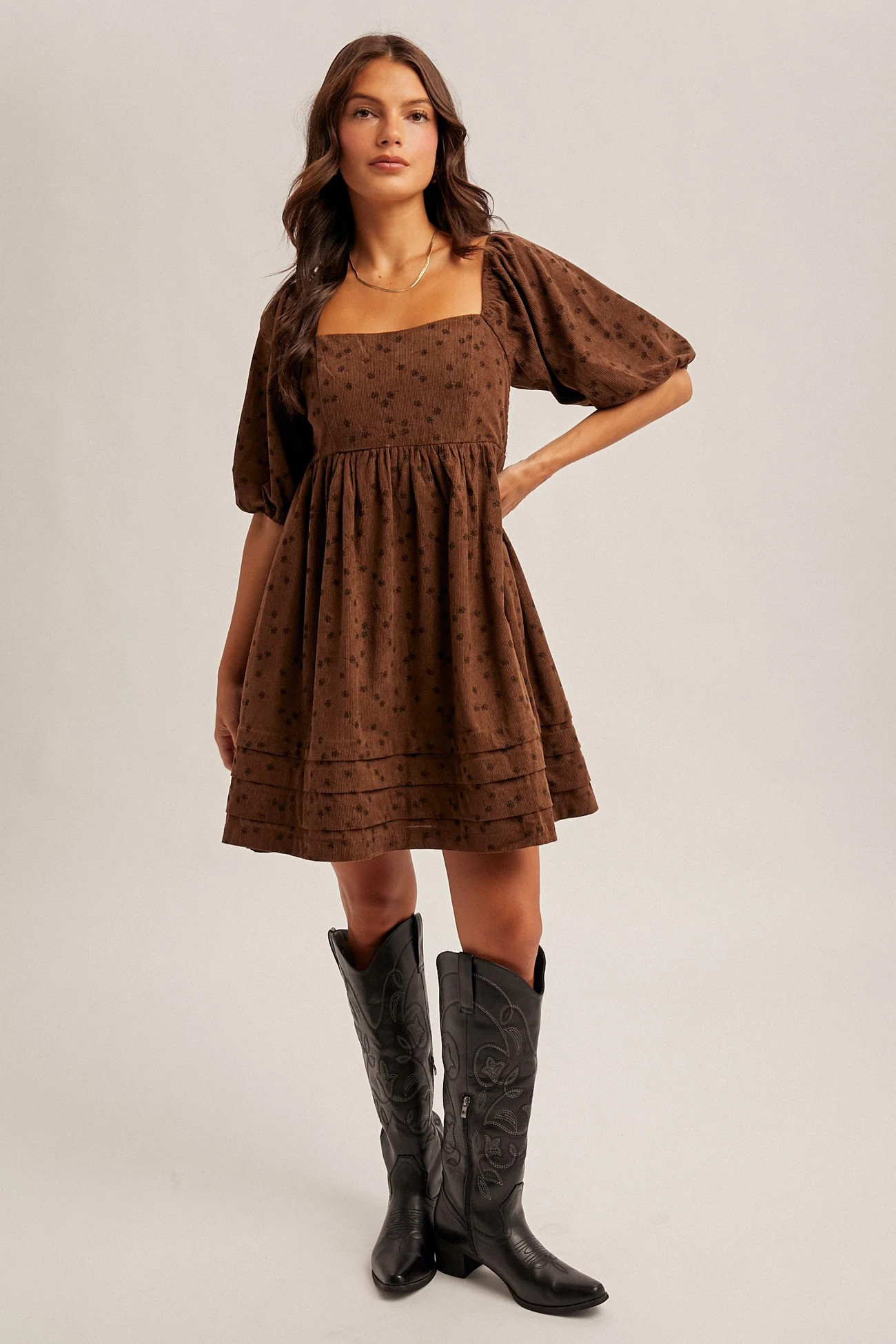 Mocha Floral Corduroy Puff Sleeve Babydoll Mini Dress | PinkBlush Maternity