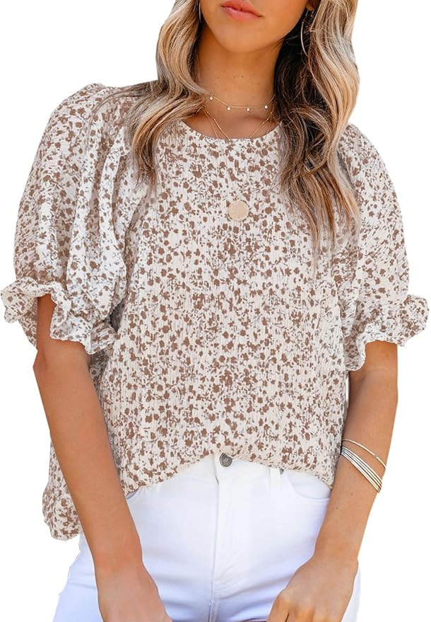 Dokotoo Floral Print Blouses for Women Crewneck Smocked Puff Sleeve Shirts Casual Babydoll Tops | Amazon (US)