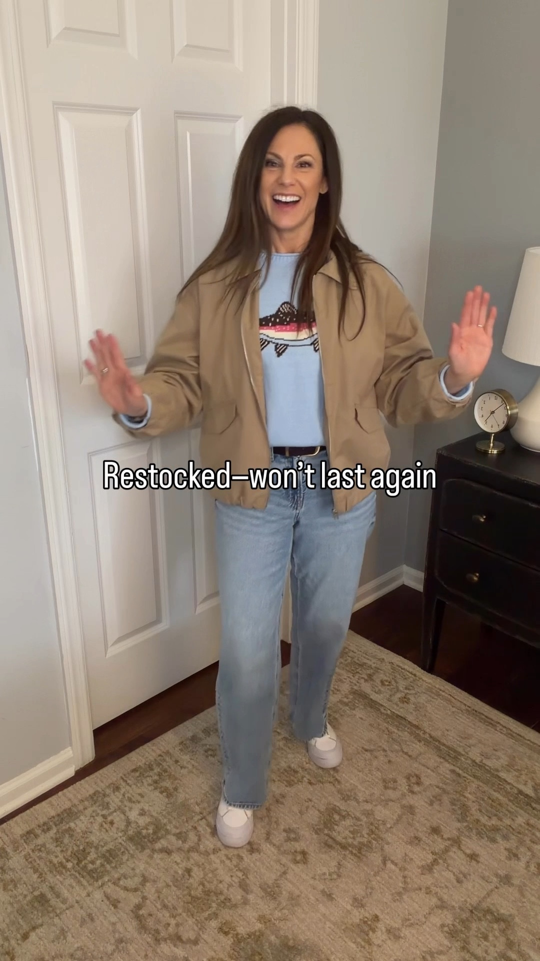 Spring outfit 2026 🐟 This viral fish sweater is finally restocked—styled casual with AE stovepipe highs or dressed up with dark denim, a belt, Mary Janes, and a structured black jacket. It sold out once and will again—linked now.

#LTKPetite #LTKootd #LTKOver40