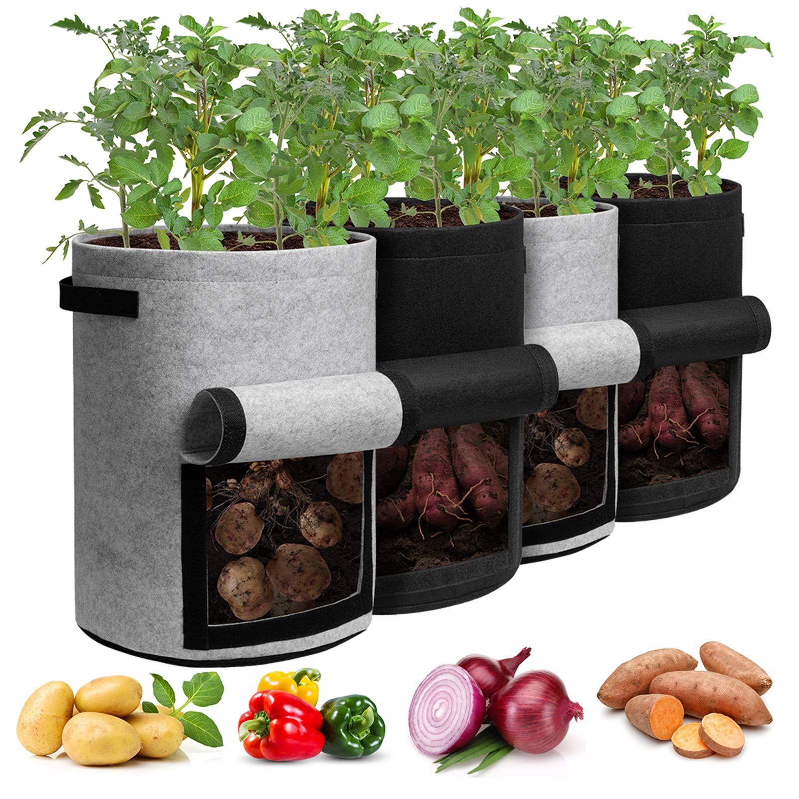 Potato Grow Bags with Flap 10 Gallon, 4 Pack Planter Pot with Handles and Harvest Window for Pota... | Amazon (US)