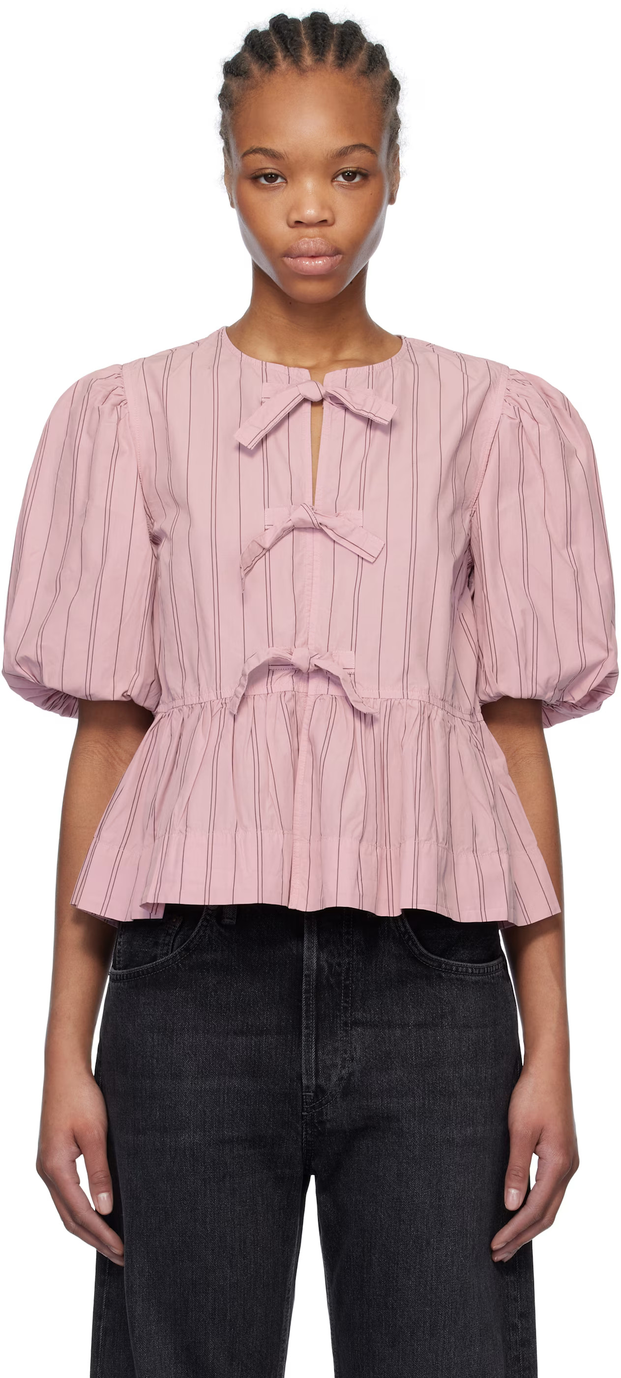 GANNI - Pink Cotton Poplin Peplum Tie Blouse | SSENSE