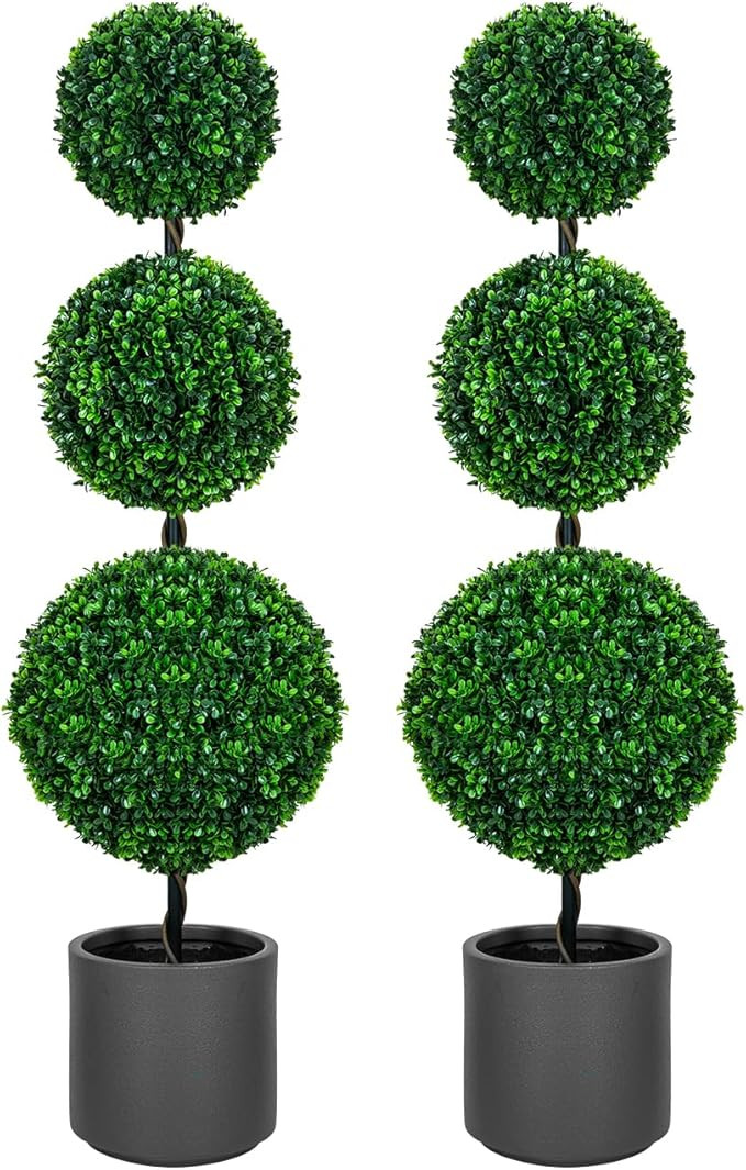 4FT Artificial Triple Ball Topiary Trees with Gray Planter Pot, Outdoor Indoor Realistic Faux Shr... | Amazon (US)