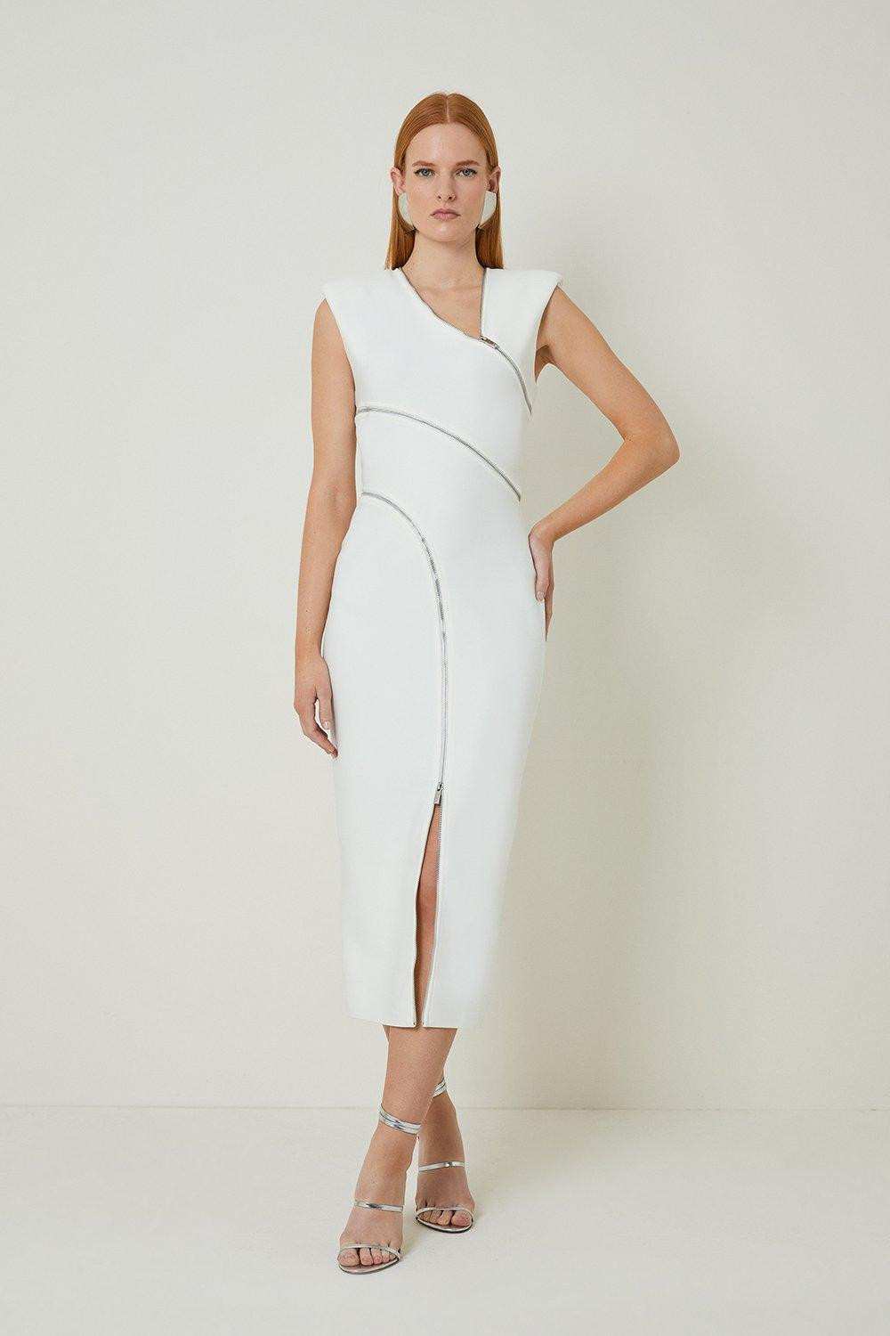 Bandage Form Fitting Zip Detail Midi Dress | Karen Millen US