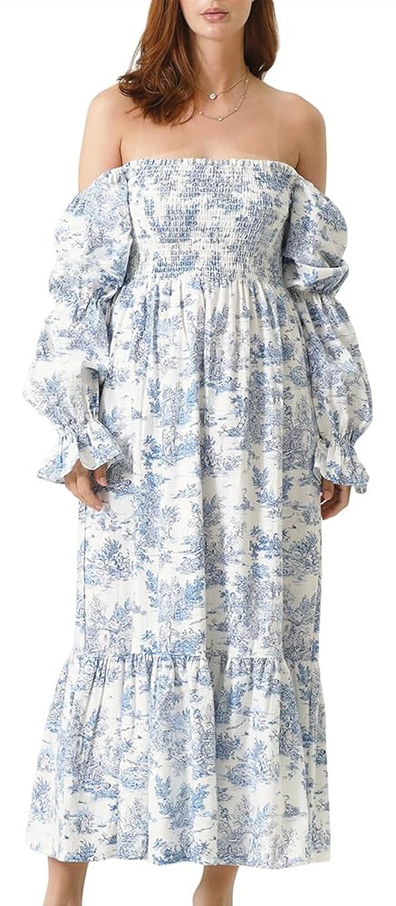 Yassiglia Women's Floral Dress Long Sleeve Shirred Maxi Dresses Bohemian Flowy Dress Beach Long D... | Amazon (UK)