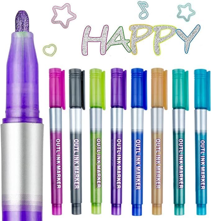 JFSJDF Outline Markers Pens, 8 Colors Double Line Markers Sel-outline Metallic Markers Shimmer Ma... | Amazon (US)