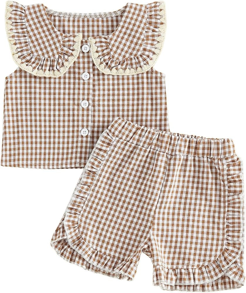 MA&BABY Toddler Girl Summer Outfits Plaid Bowknot Front Fly Sleeve T-shirt Tops Kids Girl Shorts Clothes Set | Amazon (US)