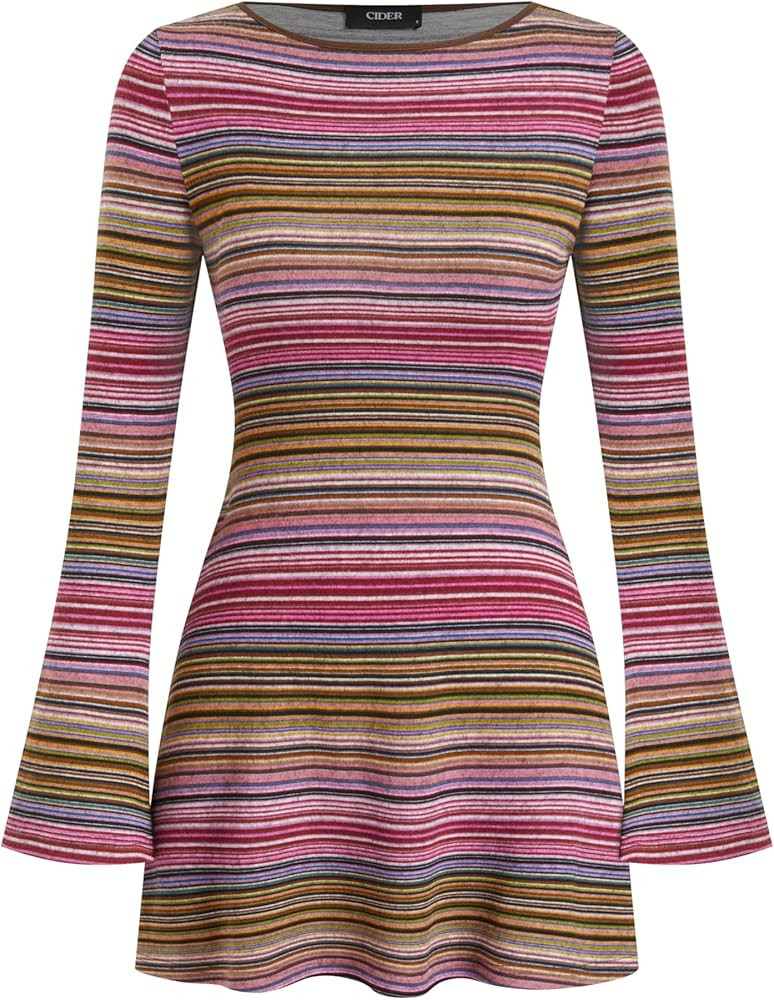 CIDER Jersey Boat Neck Striped Bell Sleeve Flared Mini Dress: Berry, XS | Amazon (US)