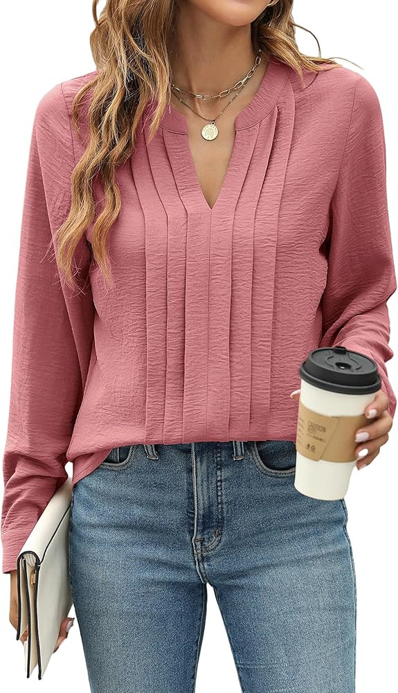 Blooming Jelly Women's Dressy Casual Blouses Business Work Tops Long Sleeve V Neck Pleated Shirts... | Amazon (US)
